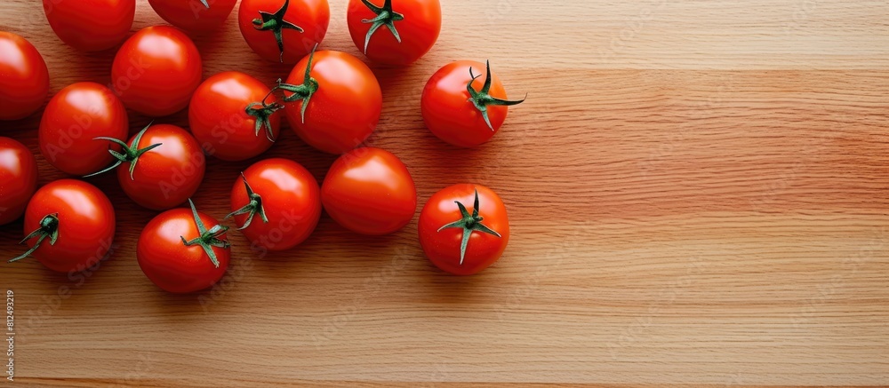 Poster A from above perspective of a cutting board with cherry tomatoes and a knife with ample empty space in the background for copy space image