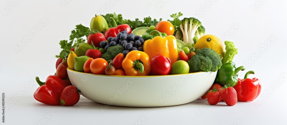 Aufkleber closeup of a bowl full of fresh fruits and vegetables arranged against a white background creating a