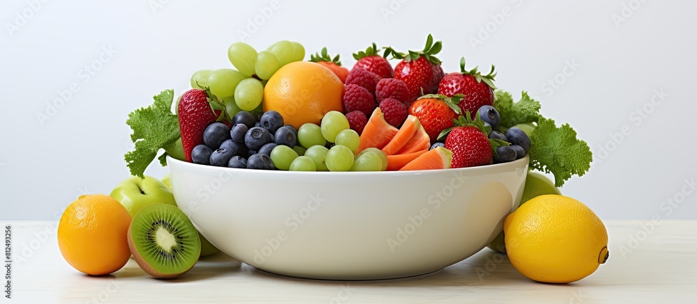 Poster Closeup of a bowl full of fresh fruits and vegetables arranged against a white background creating a vibrant and appetizing copy space image