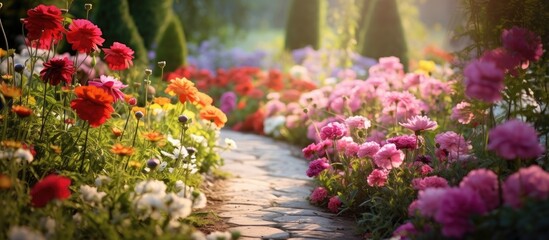Naklejka premium The garden was adorned with stunning blooming wild flowers creating a picturesque scene with ample copy space for photography