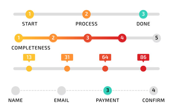 Progress bar. Infographic design. Measurement line. Sequence step icon. Business presentation. Complete diagram. Goal timeline process. Strategy plan. Loading chart. Vector data indicator elements set