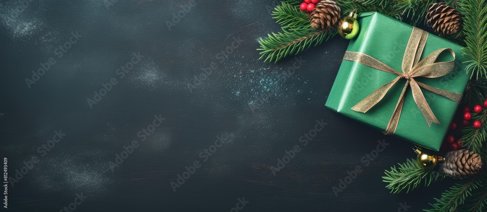 Poster Top view composition of holiday gifts in a green box intertwined with ropes and a fresh fir tree branch on a festive background offering ample copy space for your message