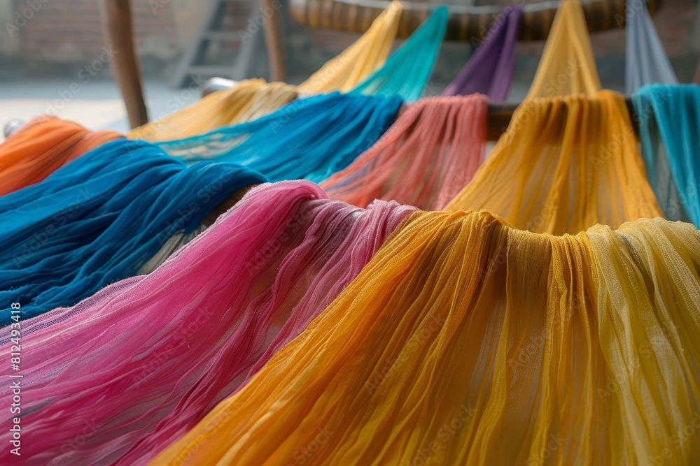Poster a colorful array of fabrics hangs on a line