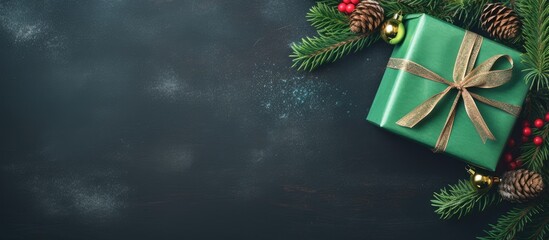 Top view composition of holiday gifts in a green box intertwined with ropes and a fresh fir tree branch on a festive background offering ample copy space for your message - Powered by Adobe