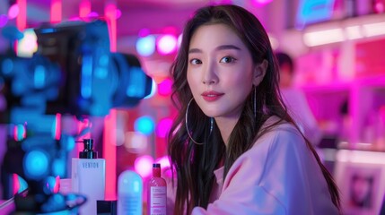 A beauty vlogger demonstrating Korean skincare products during a live stream setup with vibrant lighting