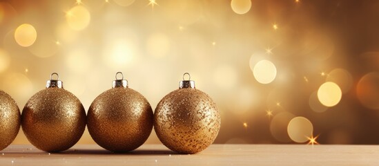 A golden background with sparkling effects showcases three Christmas balls in this copy space image