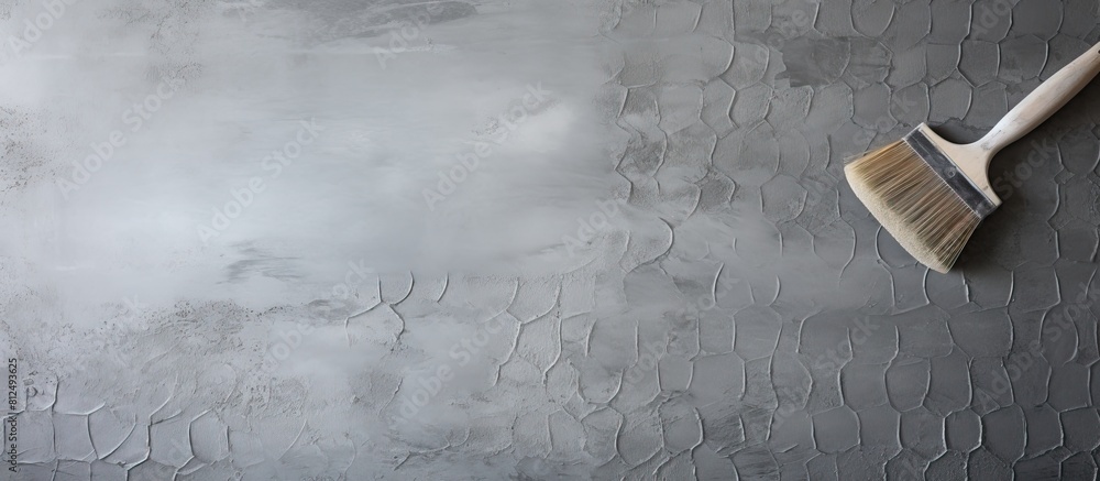 Poster Gray concrete background with a roll of mesh for plastering and a putty knife seen from a top down perspective Copy space image available