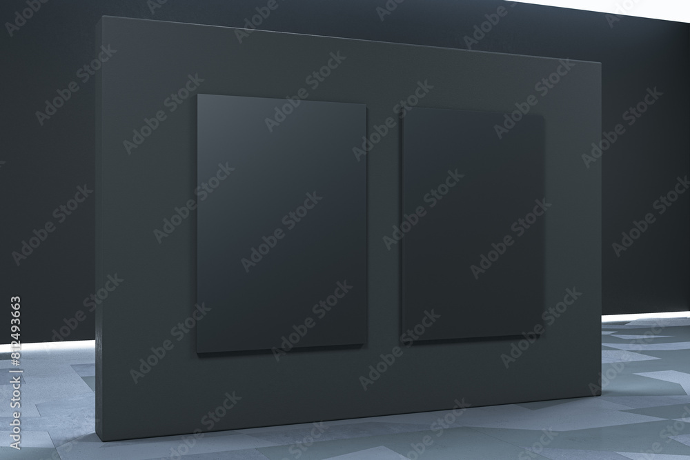 Poster Empty gallery wall with black mock up banner. Museum concept. 3D Rendering.