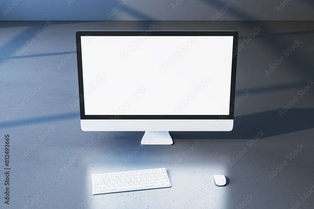 Poster Close up of empty white mock up computer monitor on gray backdrop. Minimalistic designer desktop concept. 3D Rendering.