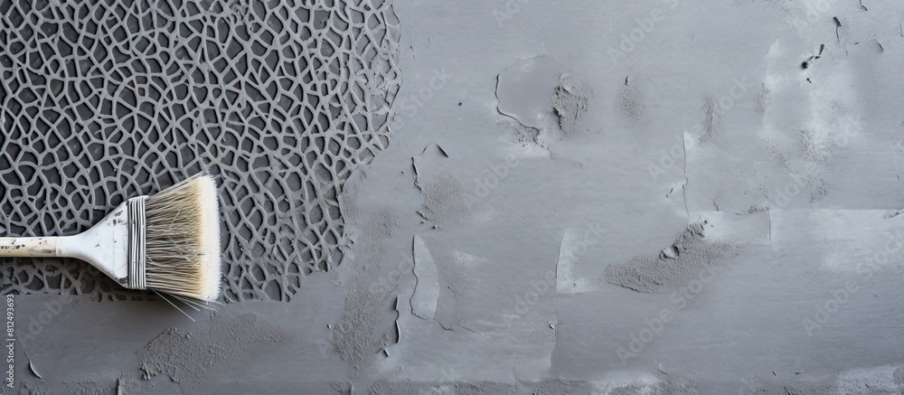 Poster Gray concrete background with a roll of mesh for plastering and a putty knife seen from a top down perspective Copy space image available