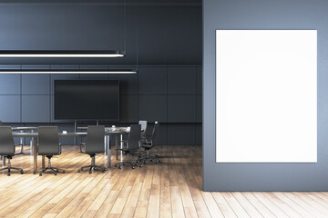 Modern meeting room interior with blank white mock up banner on wall, round table and wooden flooring. Workplace concept. 3D Rendering.