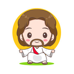 Cute Jesus Christ sitting cartoon character. Hand drawn Chibi character, clip art, sticker, isolated white background. Christian Bible for kids. Mascot logo icon vector art illustration