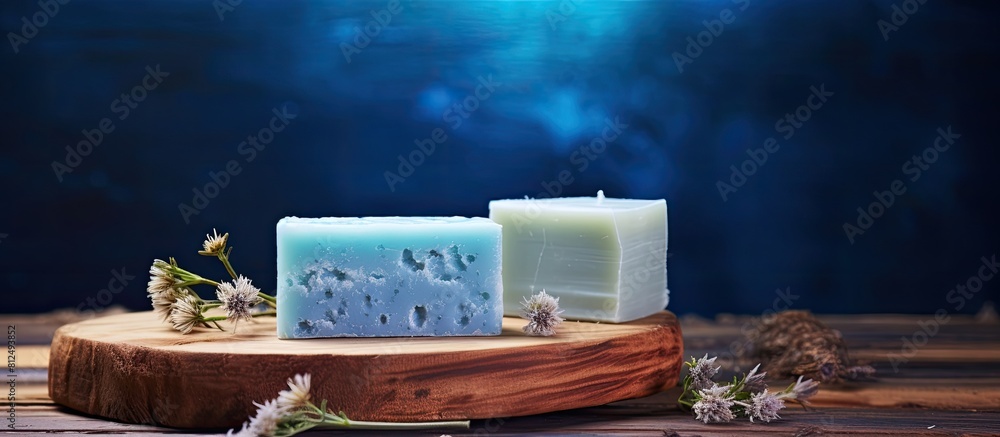 Poster Handcrafted soap displayed on a rustic blue wooden table creating a visually appealing copy space image