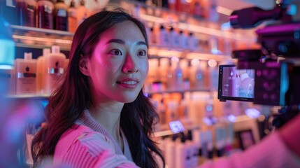 A beauty vlogger demonstrating Korean skincare products during a live stream setup with vibrant lighting