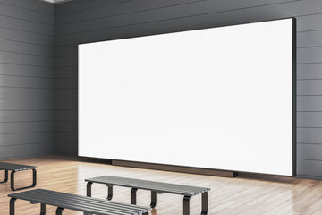 Contemporary gray wooden gallery interior with benches in front of empty white mock up screen. 3D...