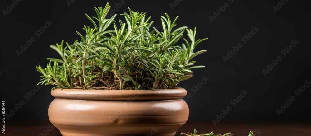 Poster a rosemary herb is planted in a clay pot with a white background offering copy space for text
