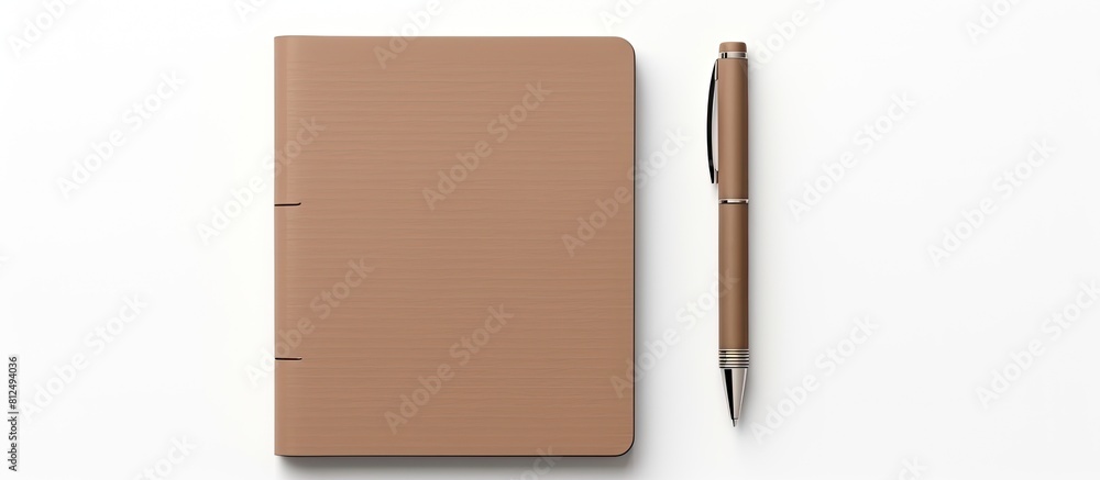 Fototapete A mockup of a high quality brown notebook and pen collection is presented from a top view in this design concept The image is isolated on a white background providing ample copy space