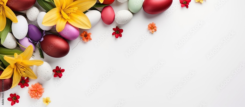 Poster A high quality photo of an Easter composition with colorful eggs blooming flowers and a blank paper on a white background The image is captured from a top down perspective displaying a flat lay arran