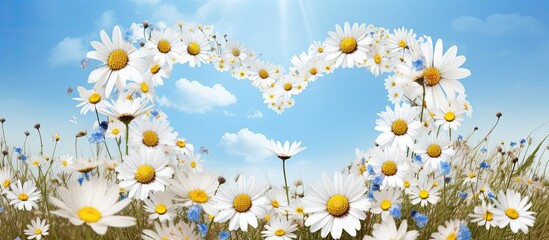 Heart shaped copy space image with a picturesque background of wild chamomile and cornflowers