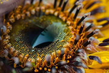 Extreme close-up of a spider's eight-legged body with a single beady black eye