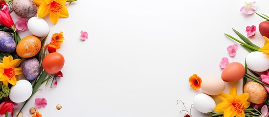 Fototapeta premium A high quality photo of an Easter composition with colorful eggs blooming flowers and a blank paper on a white background The image is captured from a top down perspective displaying a flat lay arran