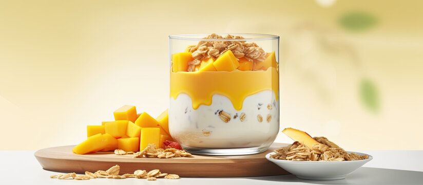 A healthy snack made with mango yogurt and granola Note Please note that this paraphrase does not include the phrase copy space image as it does not seem to fit naturally into this context