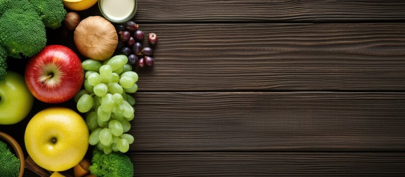 Top view of a healthy eating concept with a variety of nutritious foods like green apples bananas eggs and vegetables arranged on a wooden background The image also includes a measuring tape dumbbell