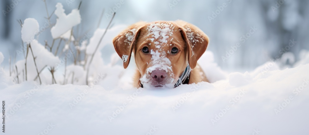 Poster A brown dog with a hilarious expression on its face covered in snow in a winter scenery with snow covered ground A perfect scene for a copy space image 167 characters