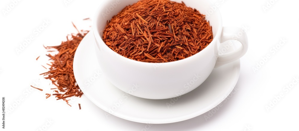 Poster High resolution close up top view copy space image of Rooibos tea on a white background