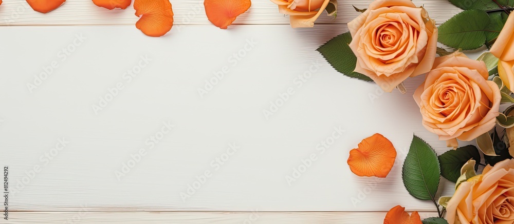 Aufkleber The homemade flat lay on the table features a creative mock up layout adorned with roses There is copy space available and an empty sheet of paper accompanied by a mockup card and an orange rose