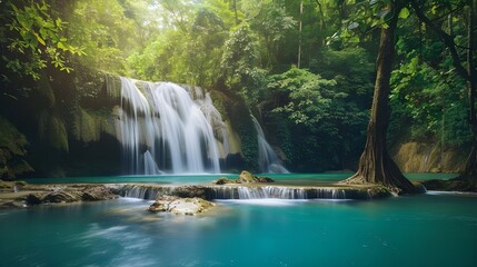 Beautiful waterfall in green forest in jungle