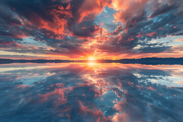 Symmetry view of Bonneville Salt Flats against cloudy sky at sunset