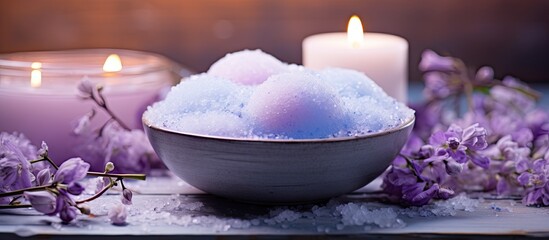 At home indulge in the soothing experience of salt bath bombs infused with essential oils for a relaxing aromatherapy session 166 characters. Creative banner. Copyspace image