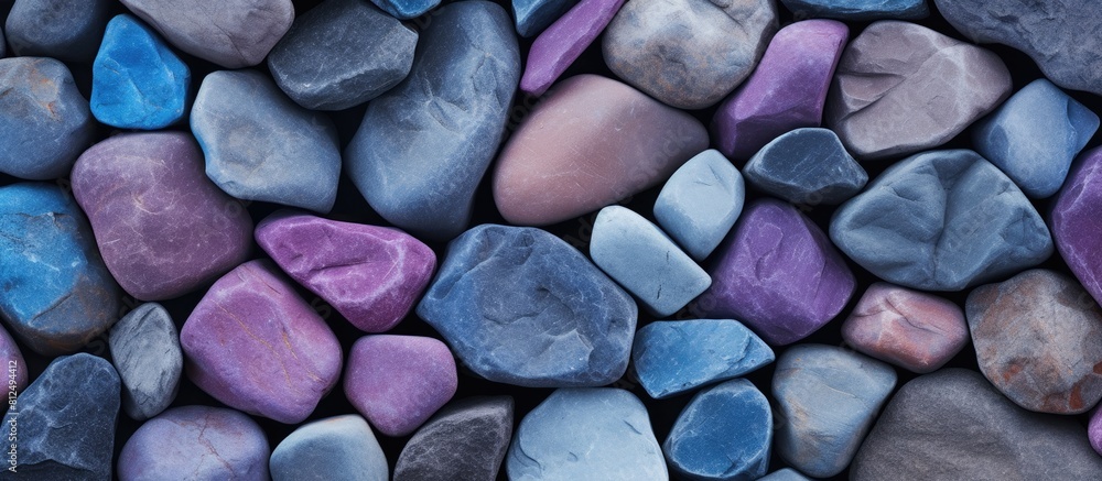 Sticker Horizontal copy space image of a textured background made of purple blue and gray concrete stones