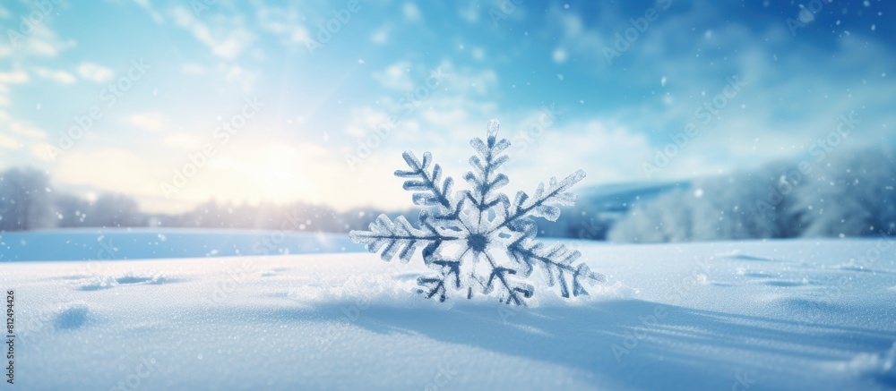Poster a snowflake with a blue hue stands out against the white snow on a snowy background creating a visua