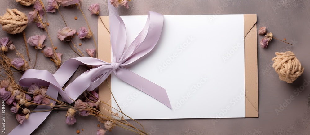 Poster copy space image a 5x7 invitation mockup with dry flowers and ribbon placed on a fabric background a