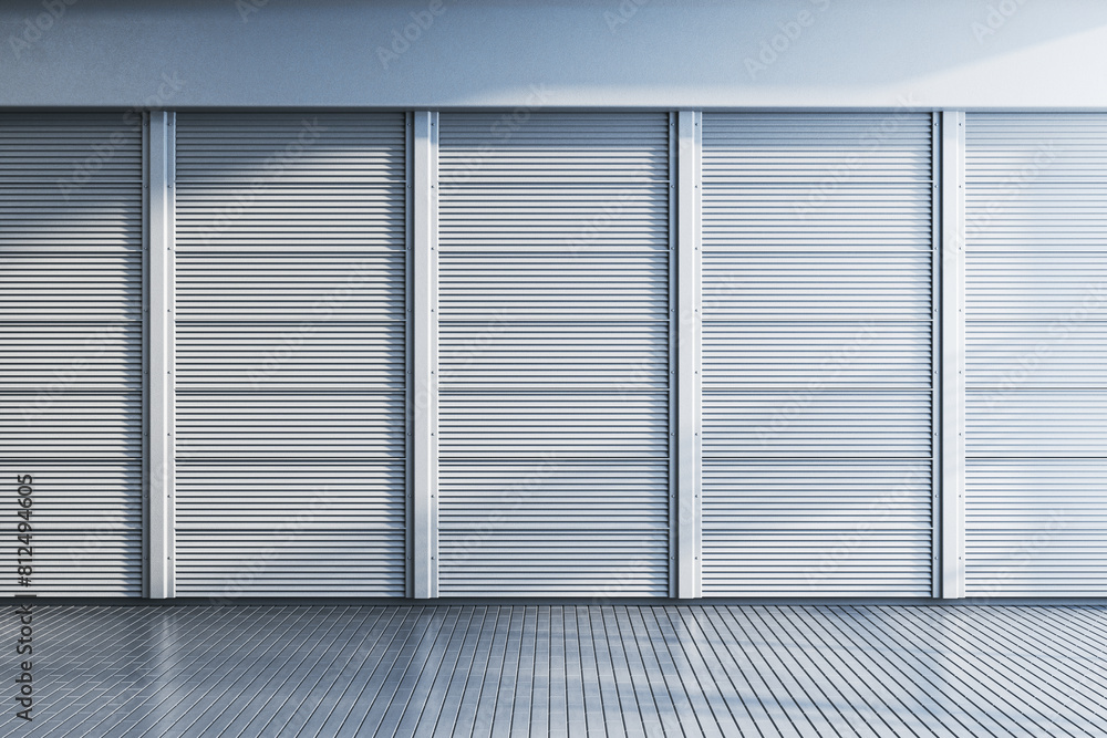 Poster Empty gray linear blinds gallery wall with mock up place. Museum concept. 3D Rendering.
