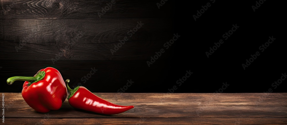 Wall mural Copy space image of a red chili pepper against a dark wooden background - Wall murals
