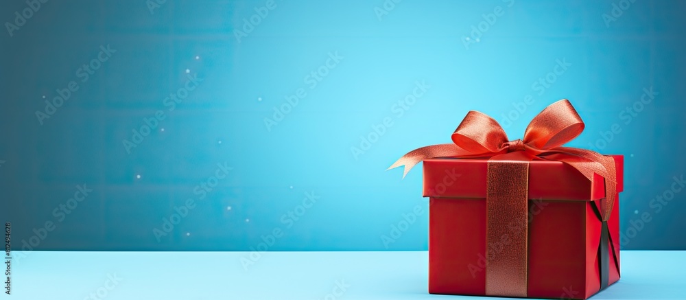 Poster Image of a gift box adorned with a red bow set against a vibrant blue background with ample space available for text