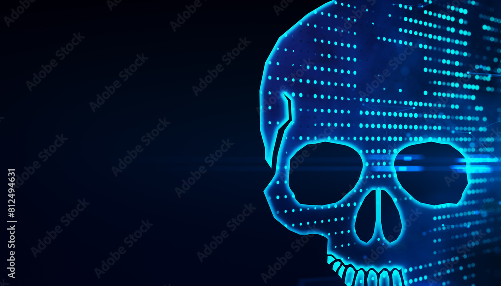 Poster A digital skull with a dotted pattern on a dark blue background, representing a technology concept. 3D Rendering