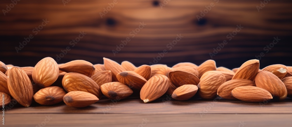 Poster Copy space image of almonds arranged on a rustic wooden table