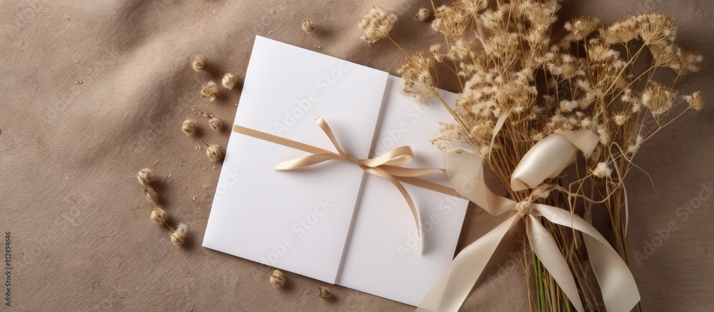 Poster copy space image a 5x7 invitation mockup with dry flowers and ribbon placed on a fabric background a