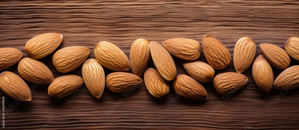 Poster copy space image of almonds arranged on a rustic wooden table