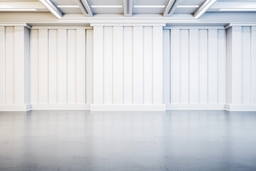 An empty white gallery space with decorative wall panels and ceiling lights, a blank floor and walls indicating a contemporary art exhibition room. 3D Rendering