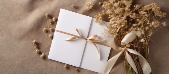 Copy space image A 5x7 invitation mockup with dry flowers and ribbon placed on a fabric background along with a blank greeting card on an envelope all arranged in a flat lay style