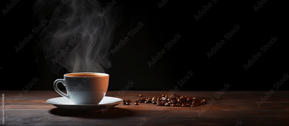 Poster a copy space image of an open notebook placed alongside a black coffee mug resting on a dark table