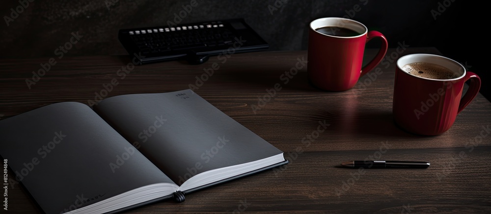 Poster a copy space image of an open notebook placed alongside a black coffee mug resting on a dark table