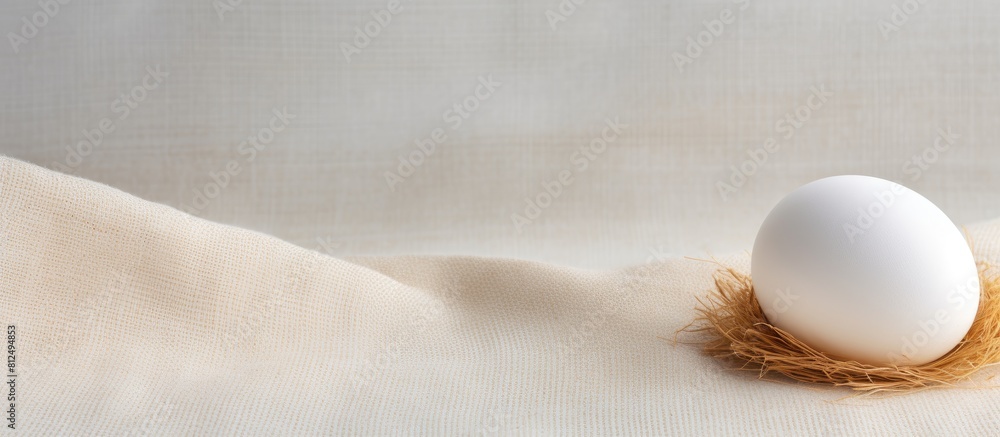 Poster Copy space image of an egg placed on a backdrop of sackcloth and textured white surface for a visually appealing composition