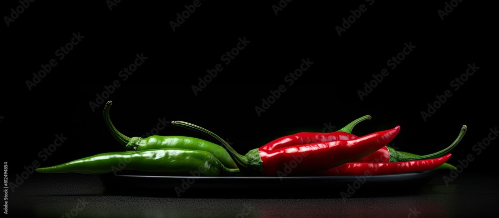 Poster Copy space image of red and green chilli placed on a sleek black table