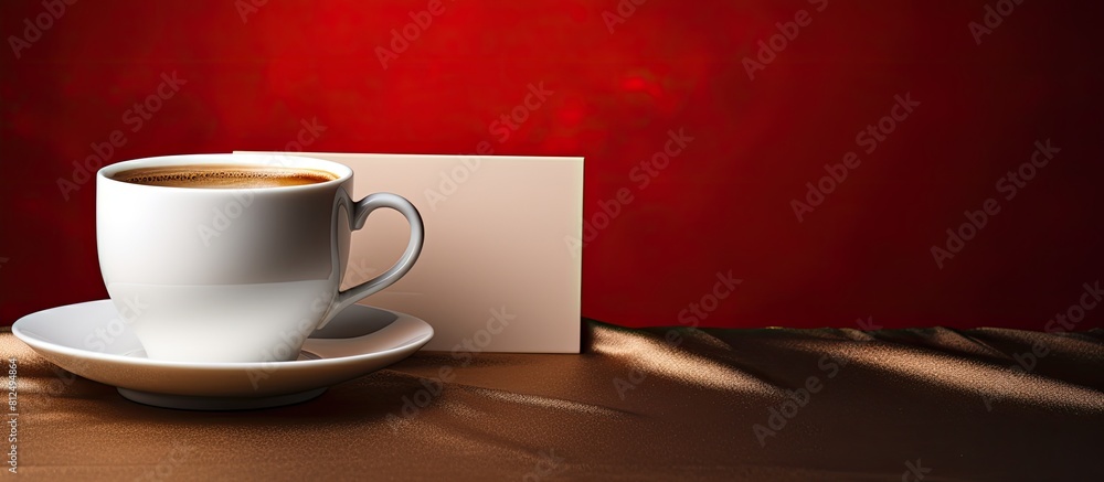 Aufkleber copy space image of a coffee cup on a fabric background with a blank card and tray nearby
